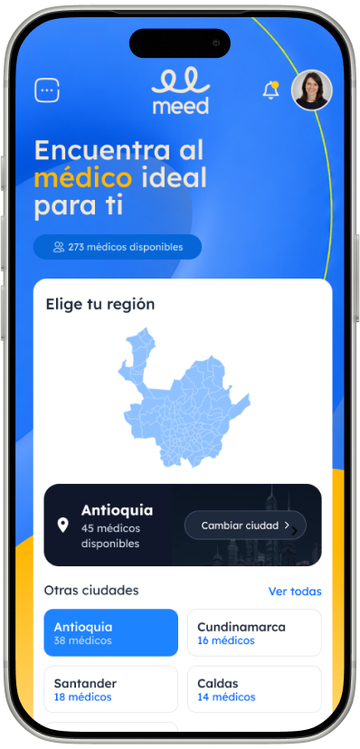 Pantalla de la app Meed para elegir región y médico