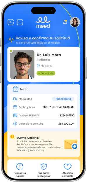 Pantalla de la app Meed con el resumen de la cita